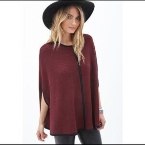 Forever 21 Burgundy Rib Knit Black Trimmed Cape Sweater Poncho